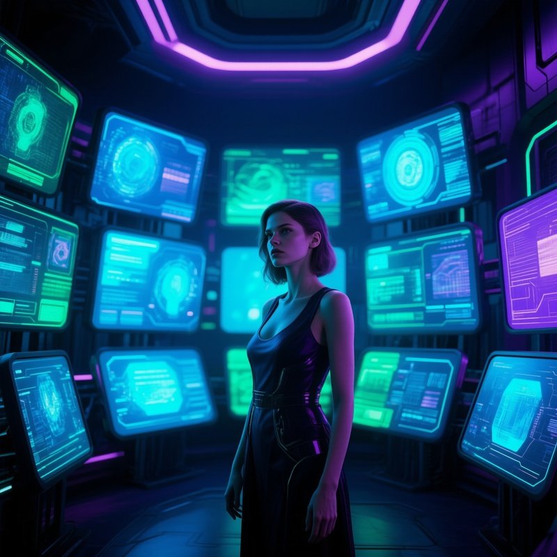 Photorealistic Woman Multiple Screens Futuristic