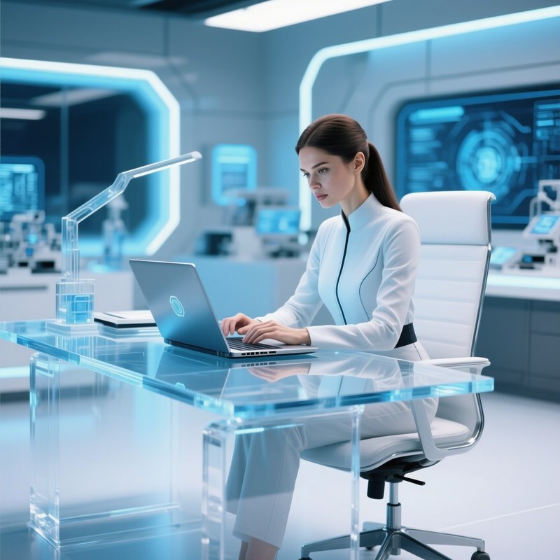 Photorealistic Woman Typing Laptop Office Desk Science Fiction