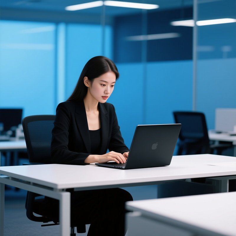 Photorealistic Woman Typing Laptop Office Desk
