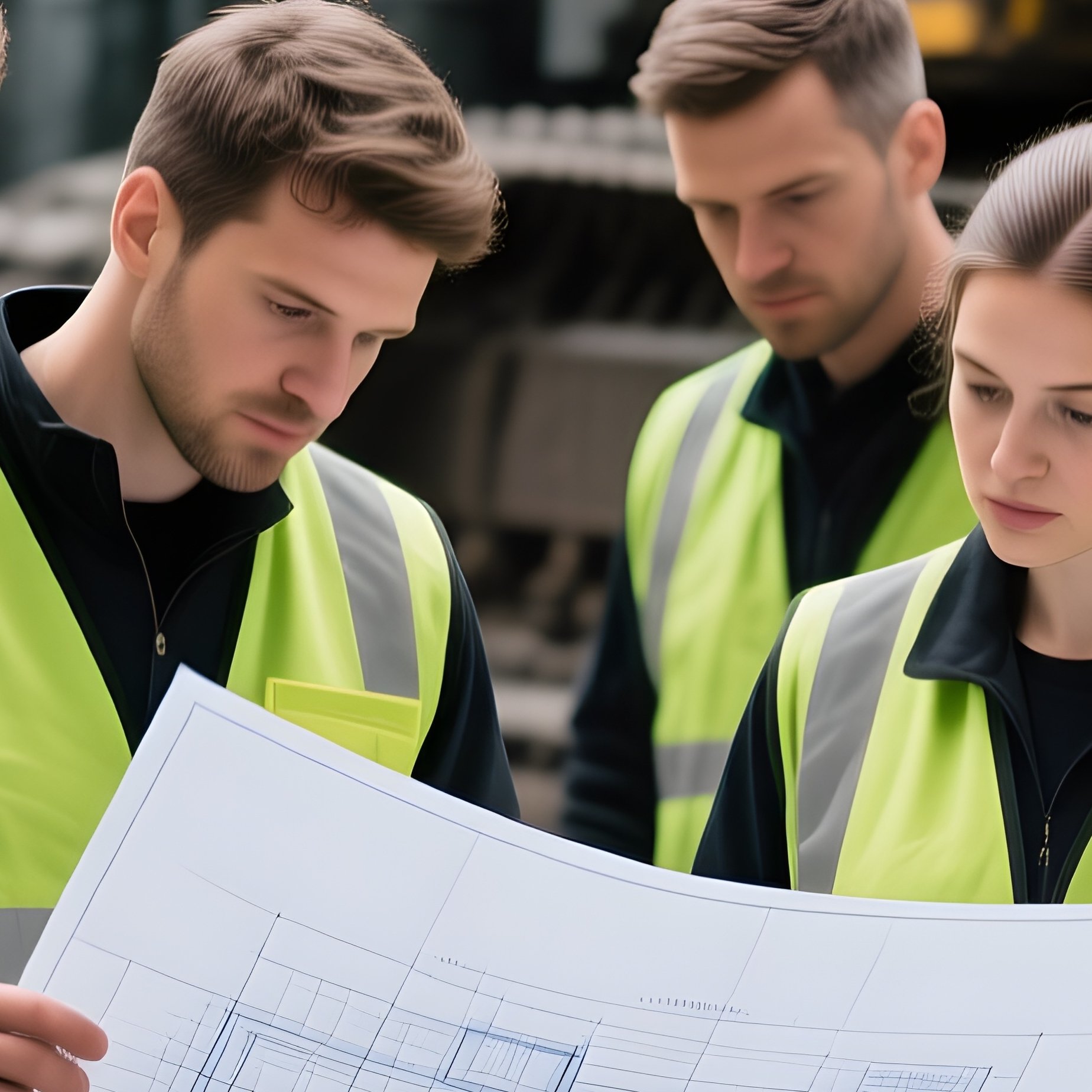 Photorealistic Workers Checking Blueprints - Full Resolution Quality Preview