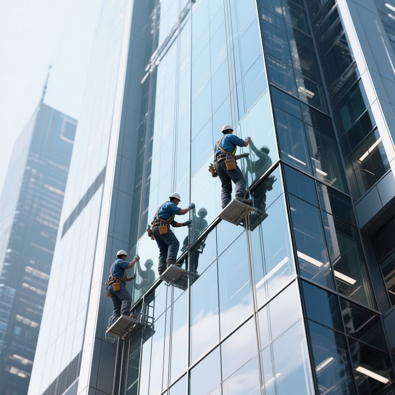 Photorealistic Workers Glass Panels Modern Office Tower
