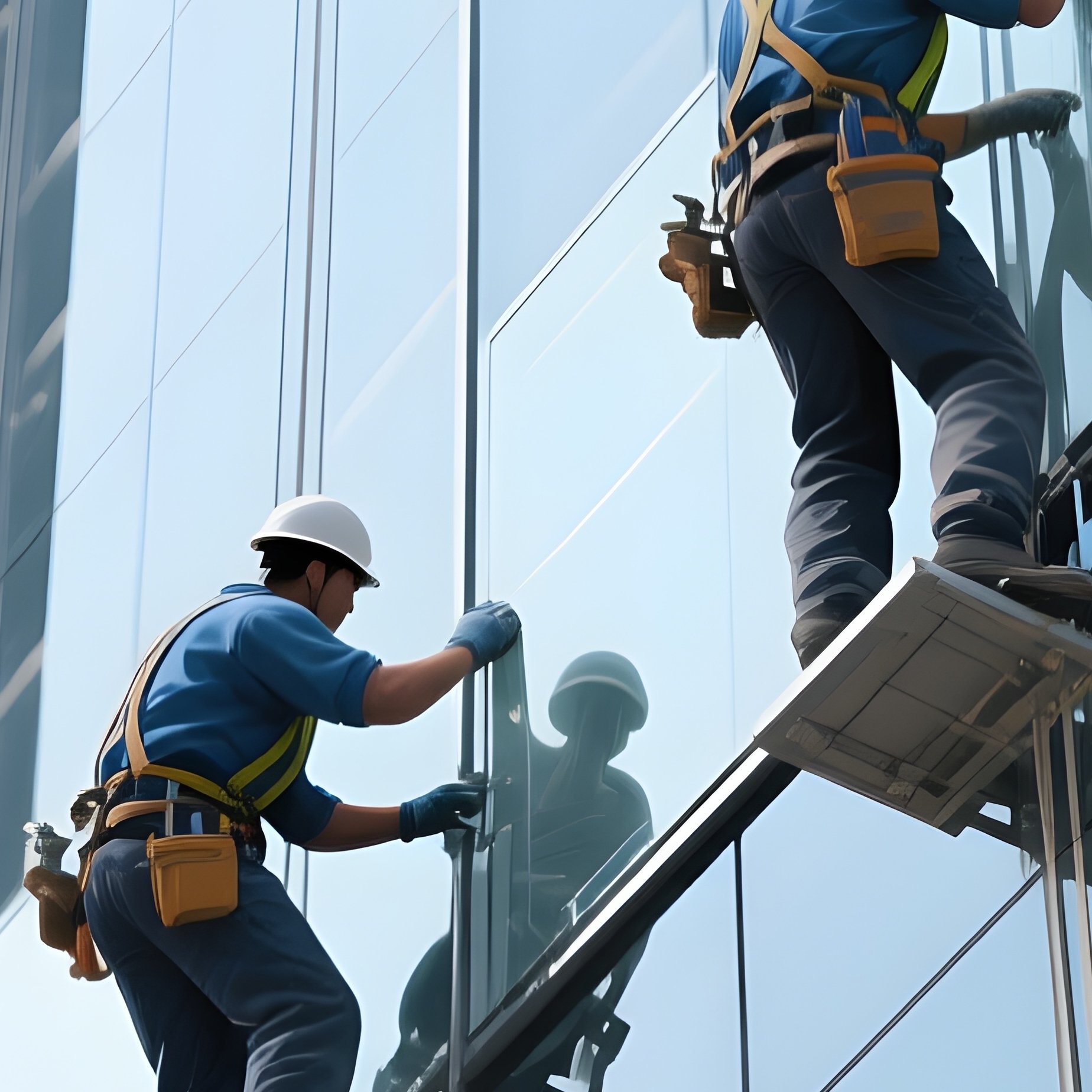 Photorealistic Workers Glass Panels Modern Office Tower - Full Resolution Quality Preview