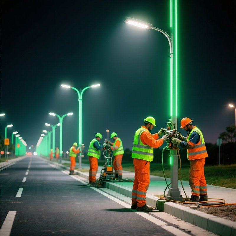Photorealistic Workers In Neon Gear Installing Streetlights On New Road