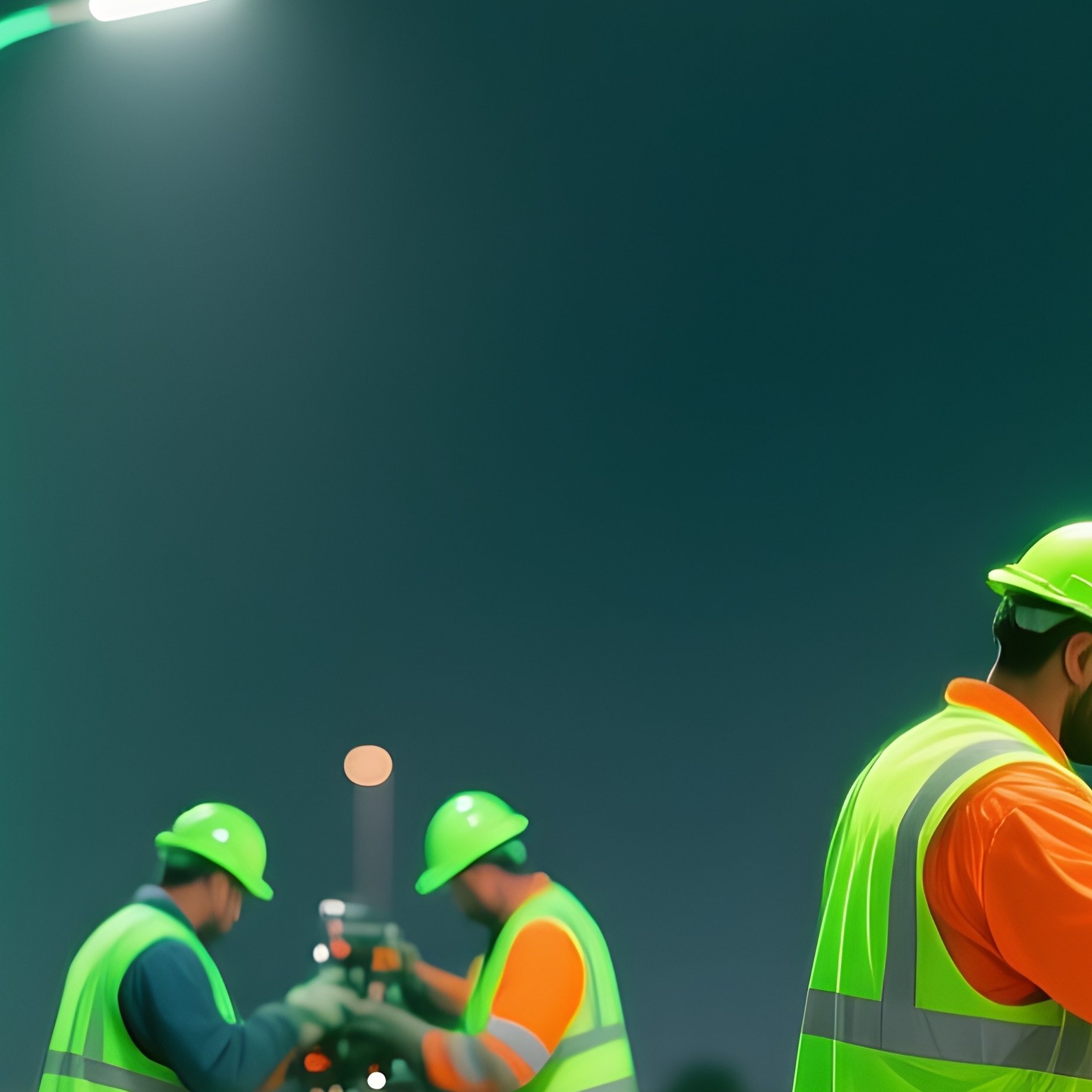 Photorealistic Workers In Neon Gear Installing Streetlights On New Road - Full Resolution Quality Preview