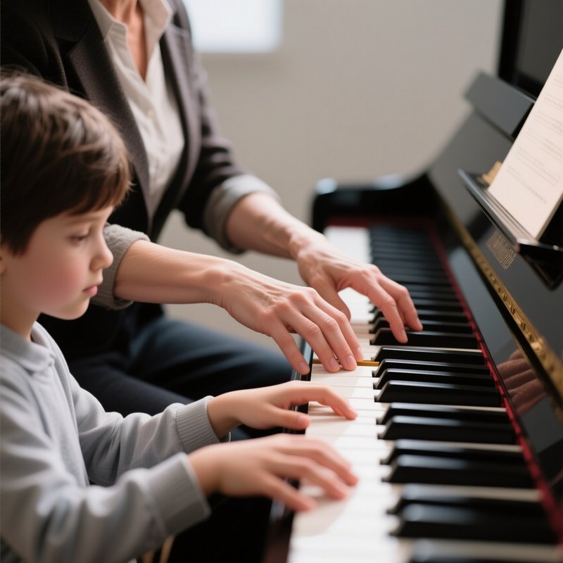 Piano Lesson: A Teacher’S Hands Over A Student’S Hands On Piano Keys, Showing The Correct Positioning.
