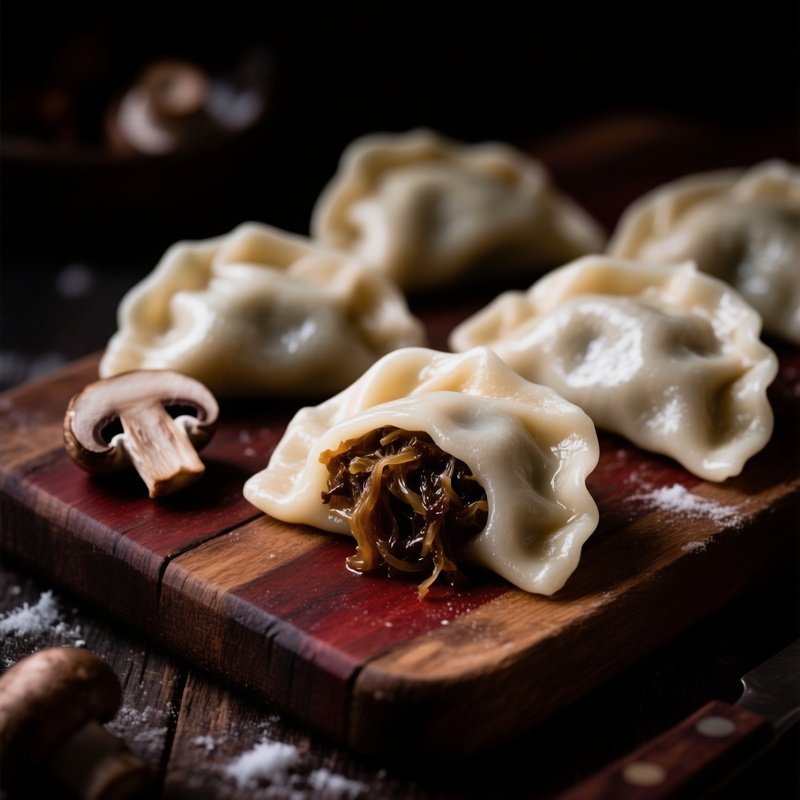 Pierogi Z Kapusta I Grzybami Christmas Style Dumplings Filled With Sauerkraut And Mushrooms Thin Translucent Dough Dark Mood Lighting