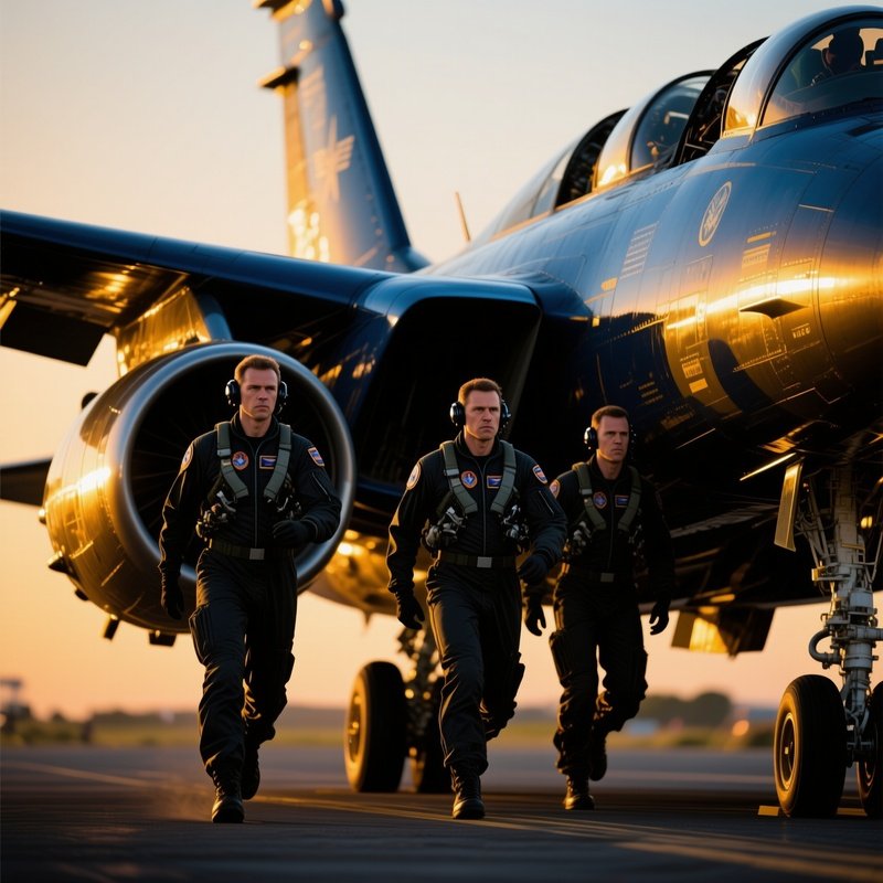 Pilots In Flight Suits Walking Towards Aircraft Engines Gleaming In Golden Light Photorealistic
