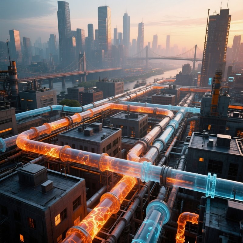Piping Network In A 3D Rendered Urban Industrial Complex