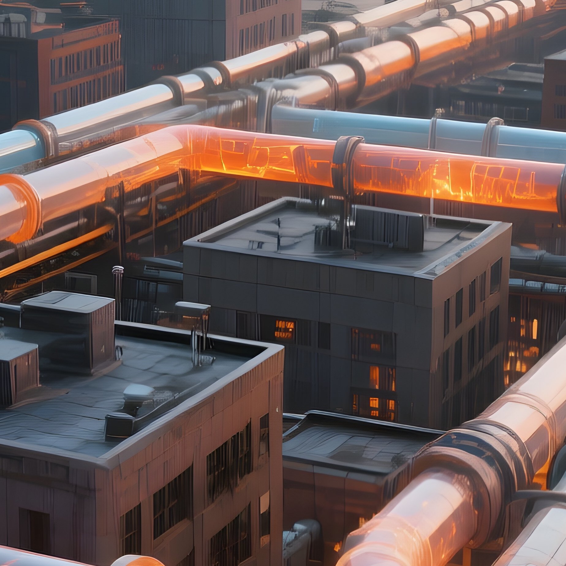 Piping Network In A 3D Rendered Urban Industrial Complex - Full Resolution Quality Preview