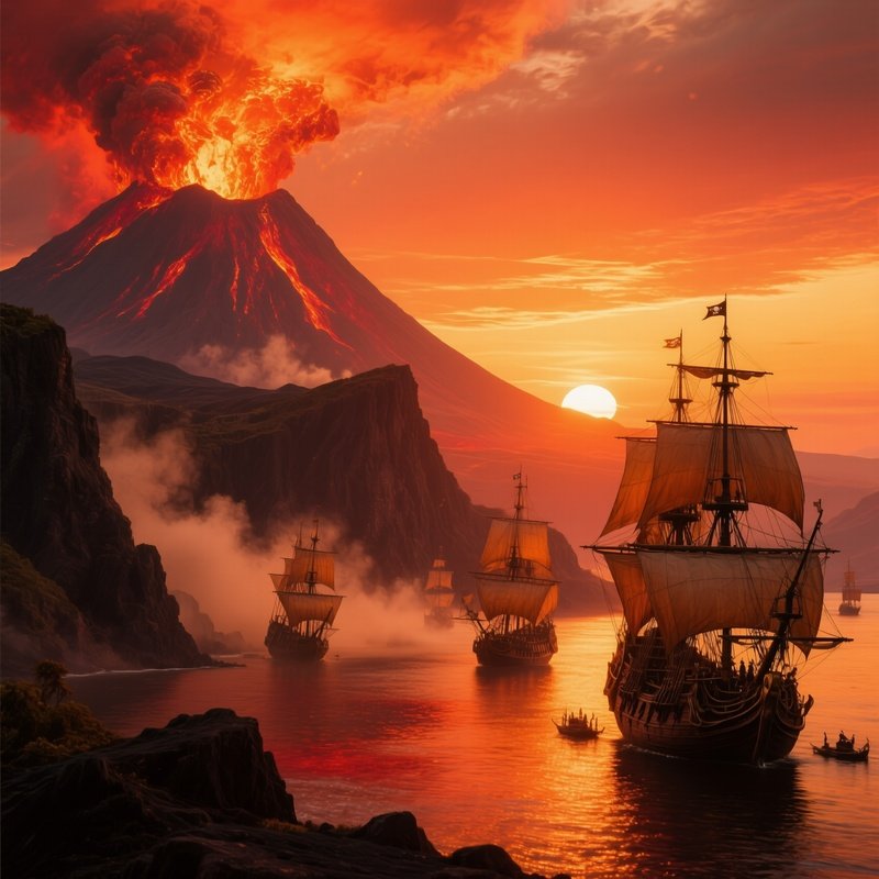 Pirate Fleet Volcanic Cliffs Sunset
