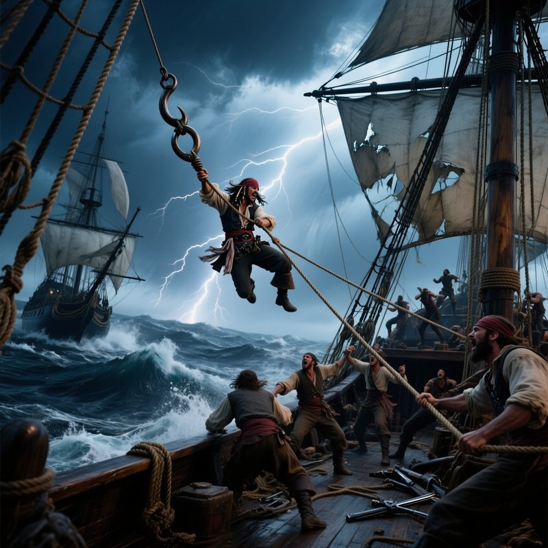 Pirate Grappling Hook Catching Mast Under Storm