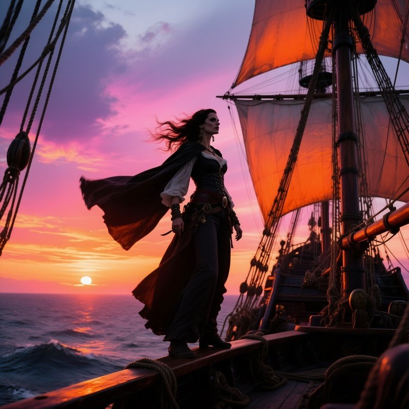 Pirate Queen On Bow At Sunrise