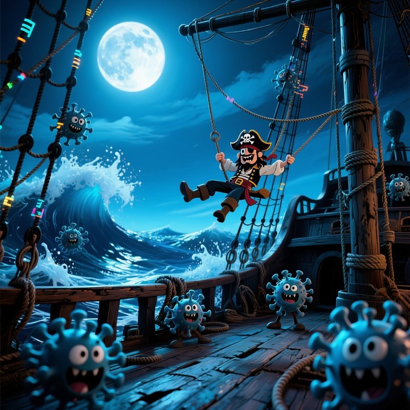 Pirate Ship Deck Full Moon Cartoon Viruses