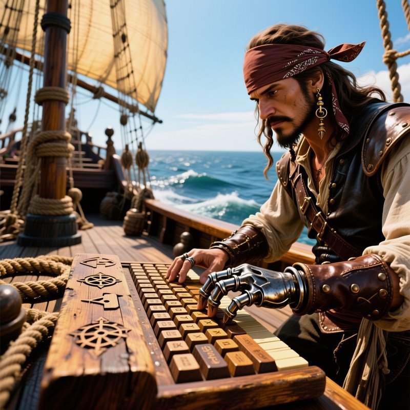 Pirate Typing Hook Hand Wooden Keyboard Ship Deck
