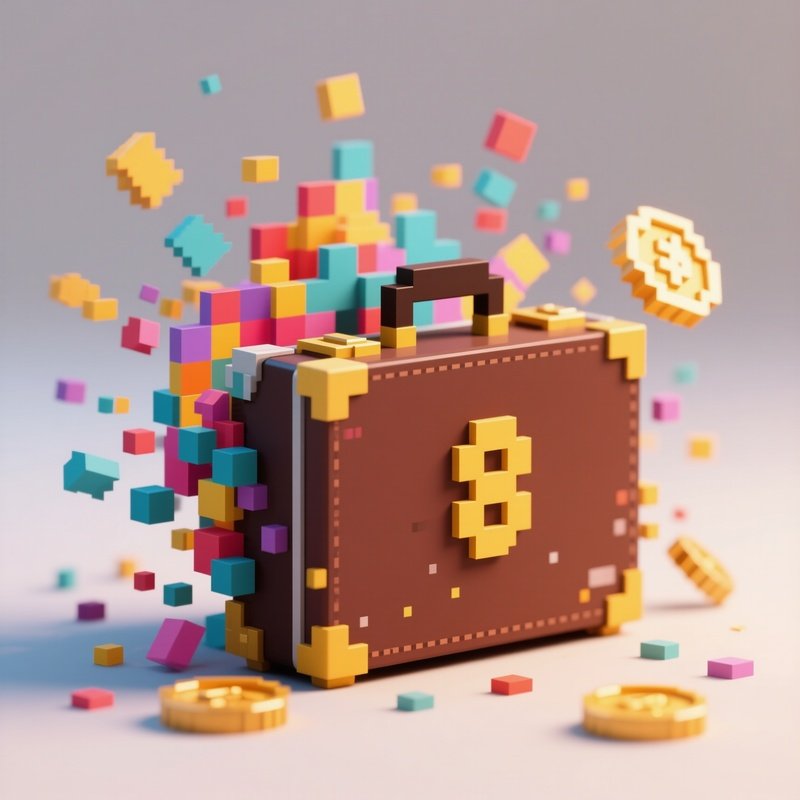 Pixel Art: A Pixelated 8 Bit Briefcase Exploding Into Colorful Pixels, Symbolizing The Disruption Of Traditional Business By Digital Assets.