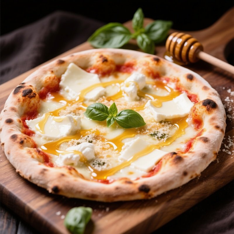 Pizza Quattro Formaggi White Pizza With Melting Cheeses And Honey Drizzle