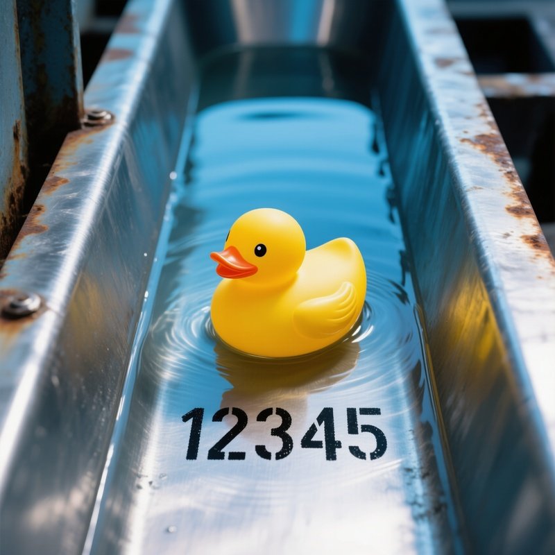 Plastic Duck Floating In Metal Trough With Numbers