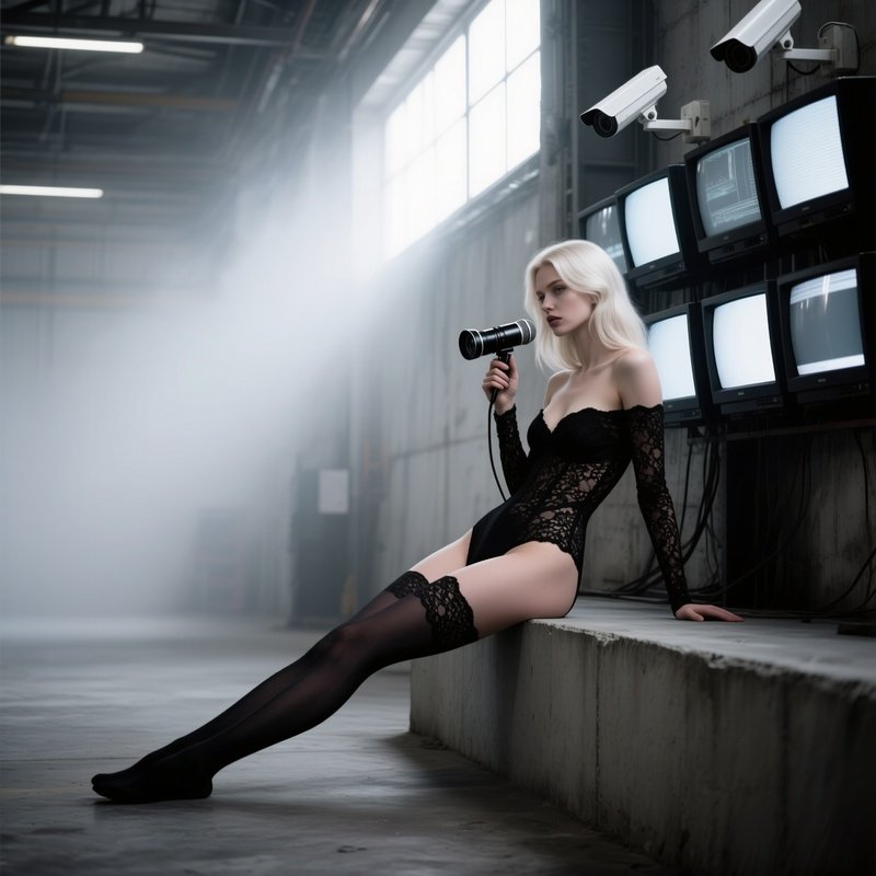Platinum Blondes In Industrial Warehouse With Surveillance Monitors