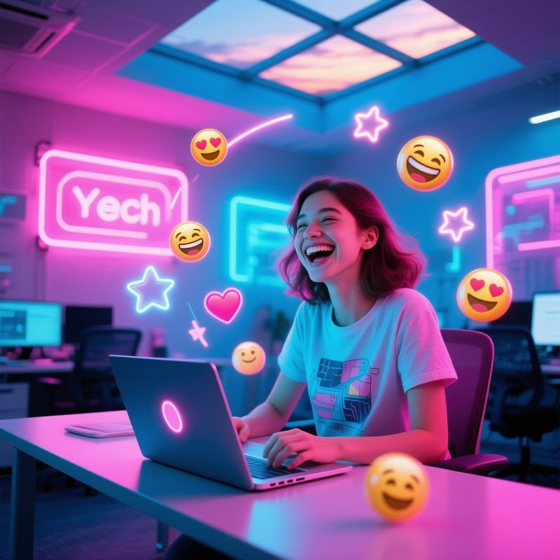 Playful Tech Intern With Holographic Emojis