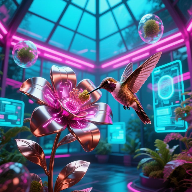 Polished Copper Hummingbird Feeding Giant Steel Flower Futuristic Greenhouse