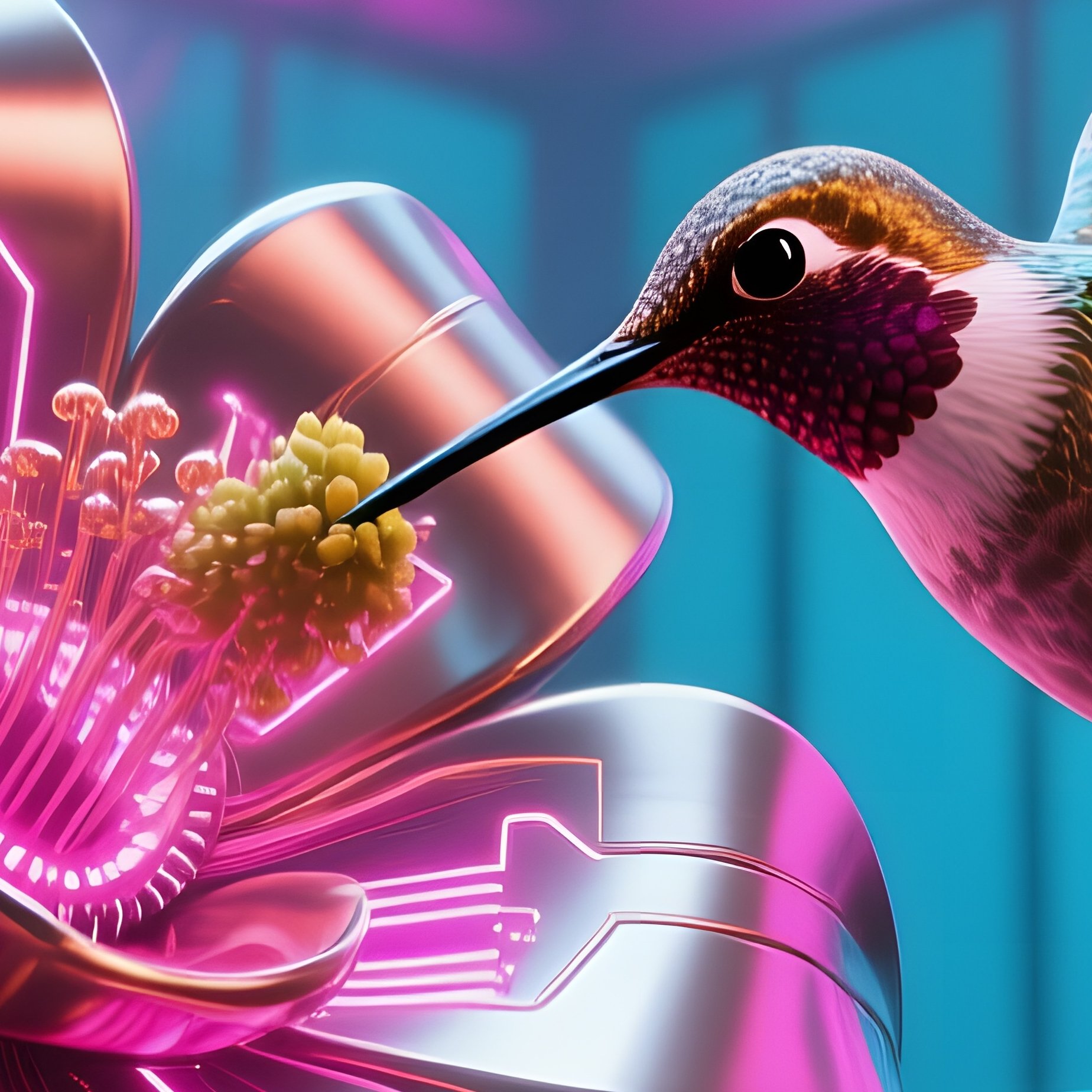 Polished Copper Hummingbird Feeding Giant Steel Flower Futuristic Greenhouse - Full Resolution Quality Preview