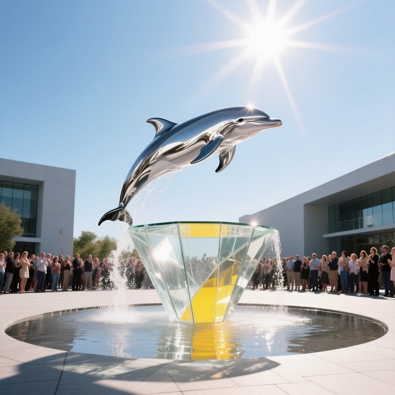 Polished Silver Dolphin Leaping Glass Fountain Modern Plaza Midday