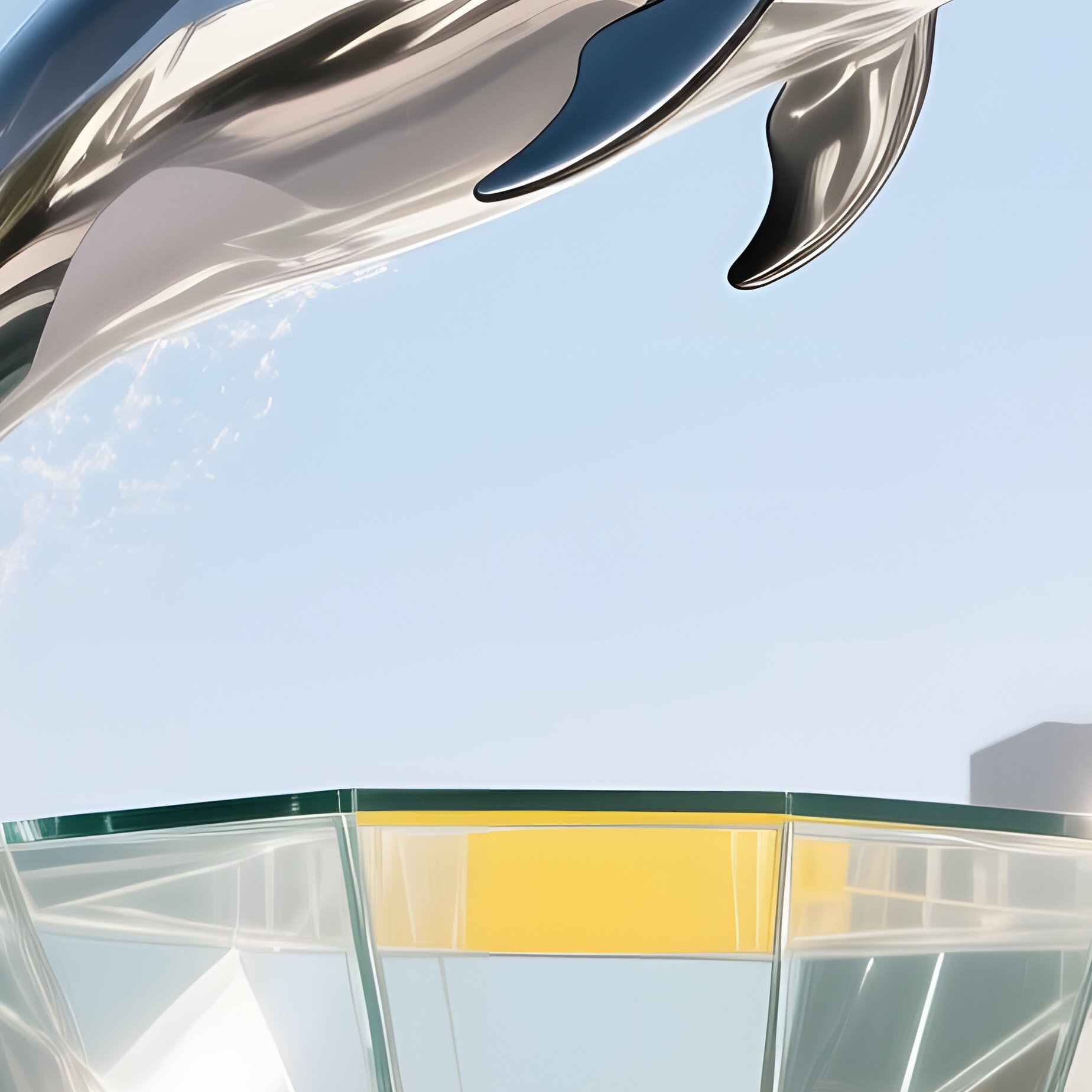Polished Silver Dolphin Leaping Glass Fountain Modern Plaza Midday - Full Resolution Quality Preview