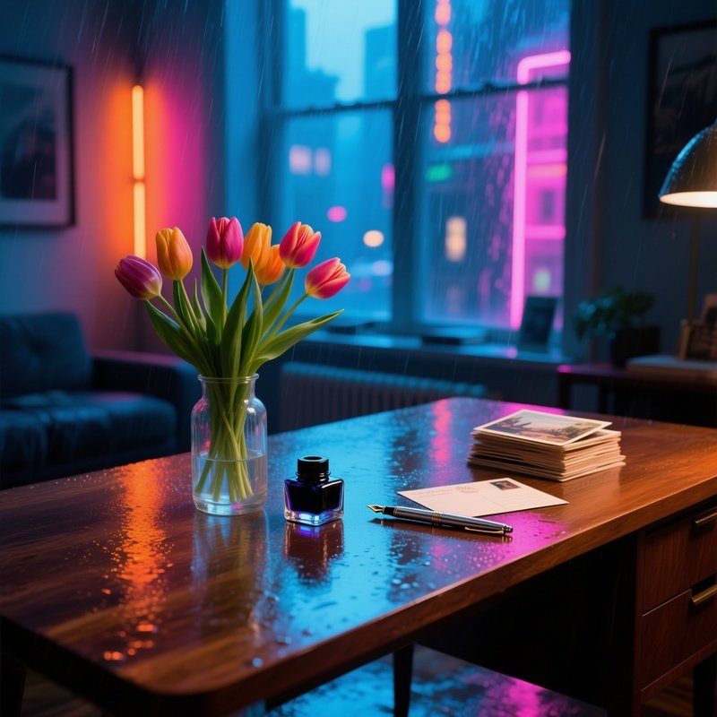 Polished Wooden Desk Rainy City Apartment