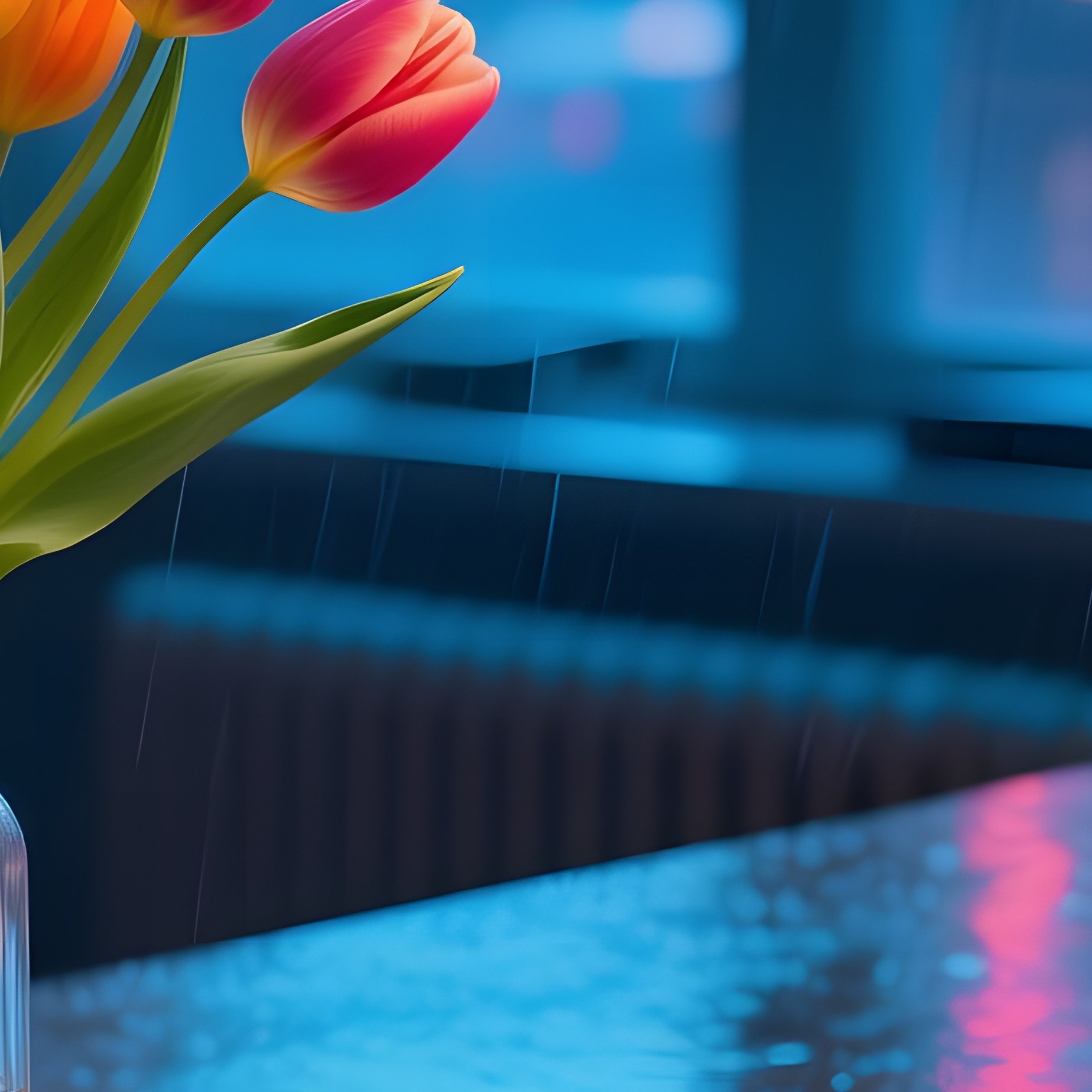 Polished Wooden Desk Rainy City Apartment - Full Resolution Quality Preview