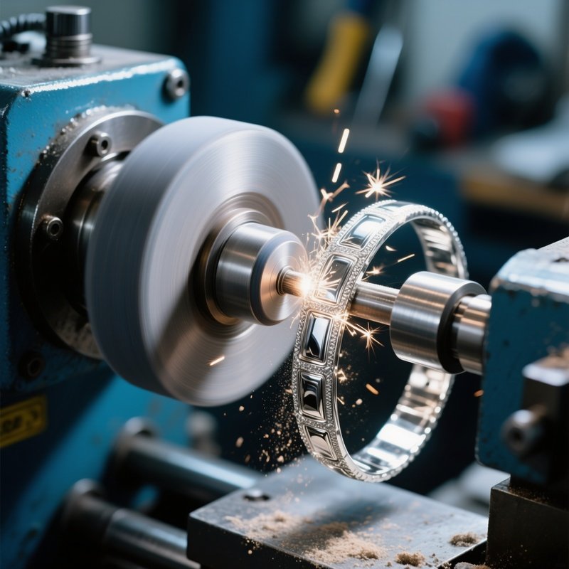 Polishing Wheel Jewelry Buffing Machine Spinning Against Silver Bracelet