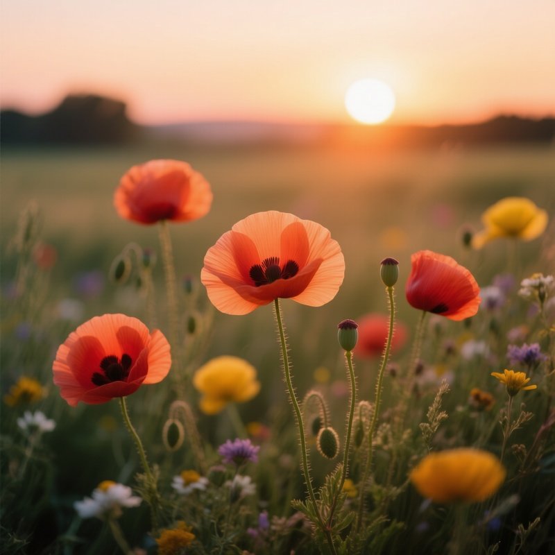 Poppy Flowers In A Field At Sunset Poppy Sunset