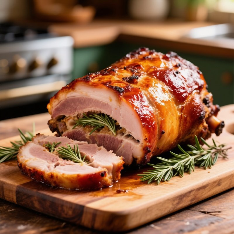 Porchetta Roasted Pork Roll Sliced Showing Herb Stuffing