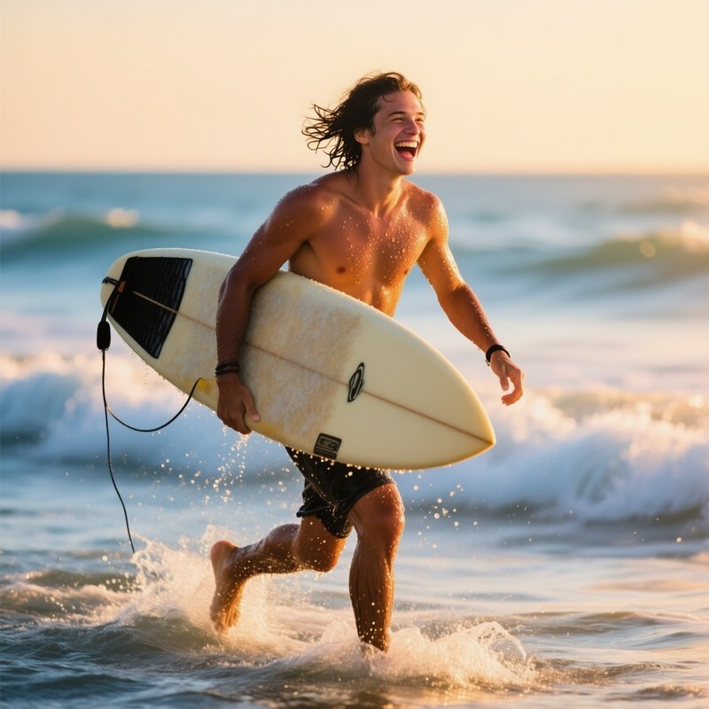 Post Surf Stoke Surfer Walking Out Of Water
