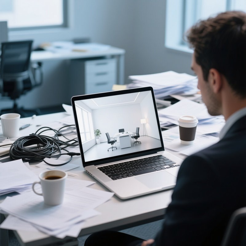 Professional In Messy Room With Virtual Office Background