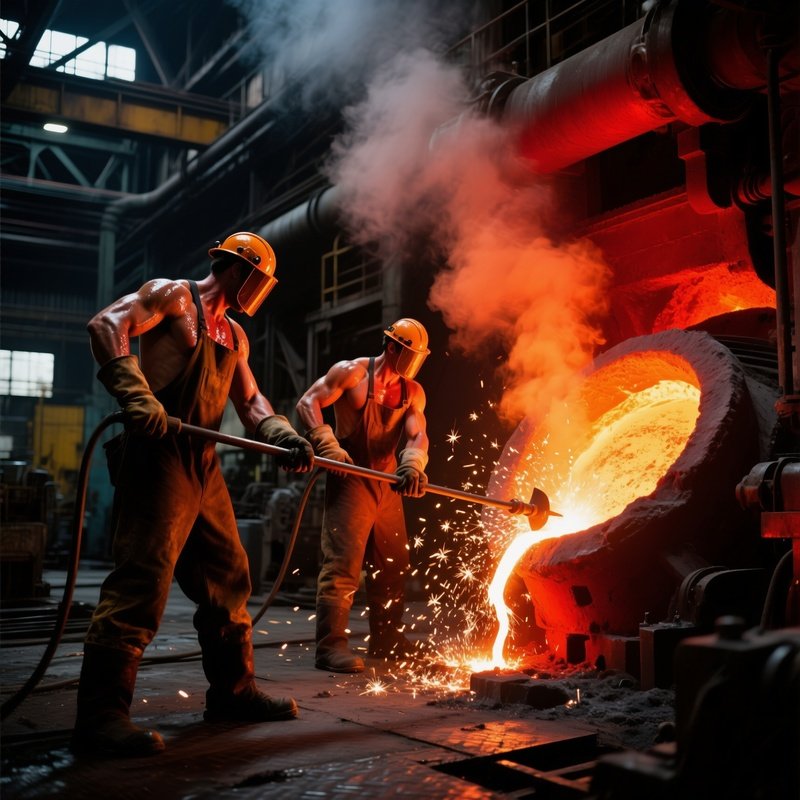 Puddling Process Men Stirring Molten Pig Iron Reverberatory Furnace