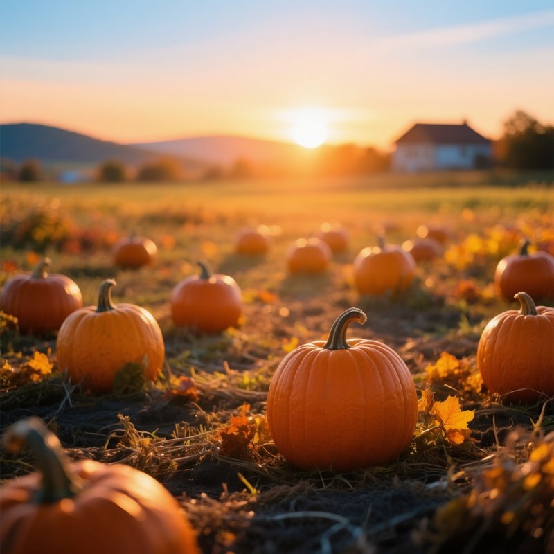 Pumpkins In A Field At Sunset Pumpkin Field