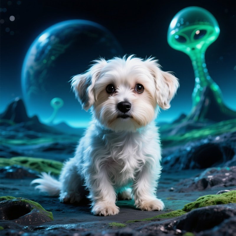 Puppy Maltese In Science Fiction Setting