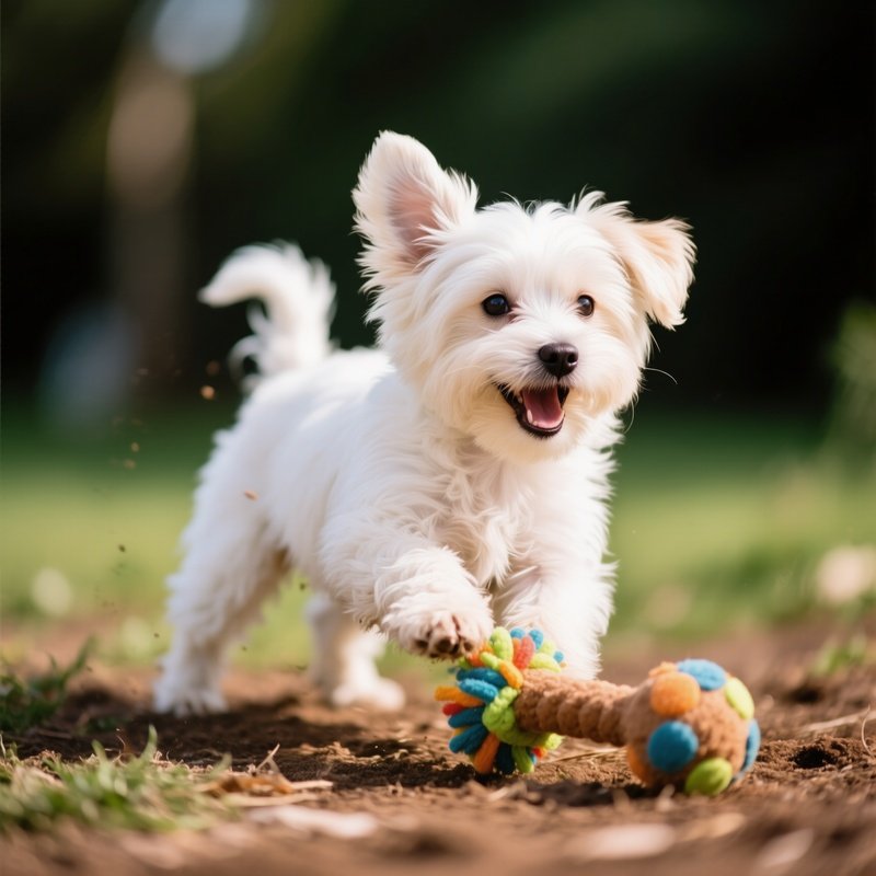 Puppy Maltese Playing With Toy Outdoors
