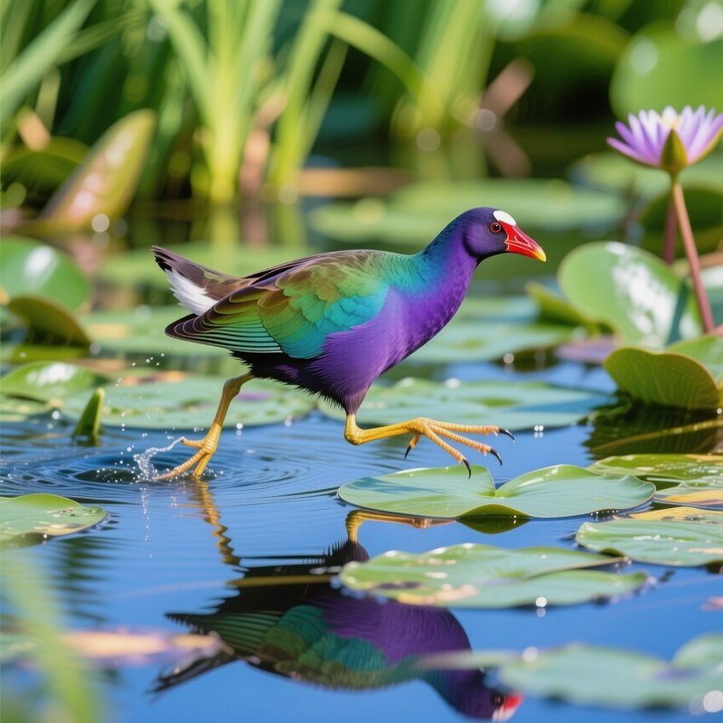Purple Gallinule On Lily Pads