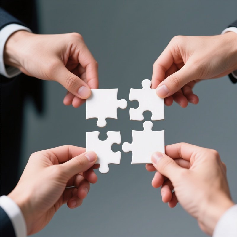Puzzle Pieces: Four Hands Placing The Final Four Pieces Of A White Jigsaw Puzzle Together, Symbolizing Distinct Teams Completing A Project.