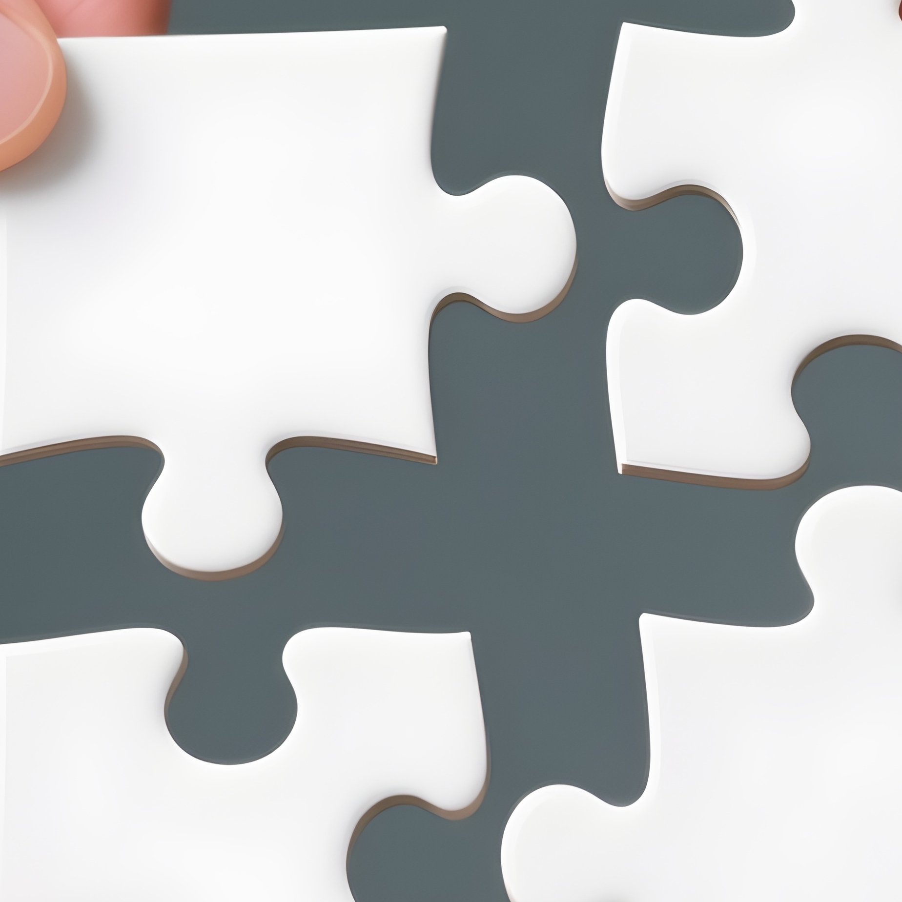 Puzzle Pieces: Four Hands Placing The Final Four Pieces Of A White Jigsaw Puzzle Together, Symbolizing Distinct Teams Completing A Project. - Full Resolution Quality Preview