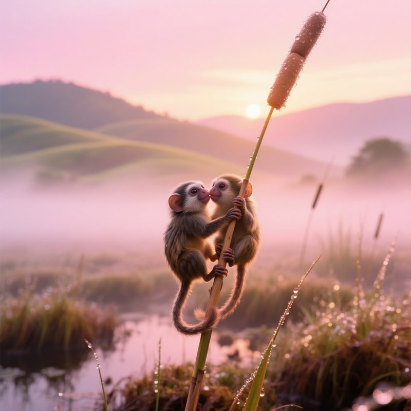 Pygmy Marmosets Kissing On Peat Bog At Sunrise