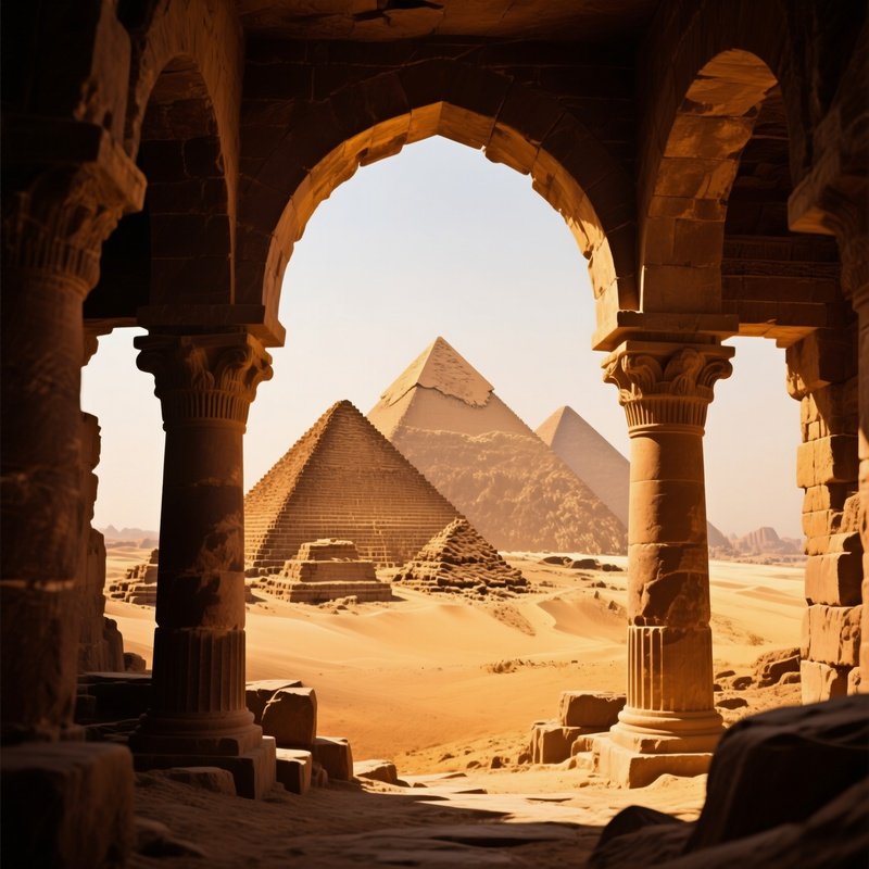 Pyramids Through Arches Of Sandstone Ruin