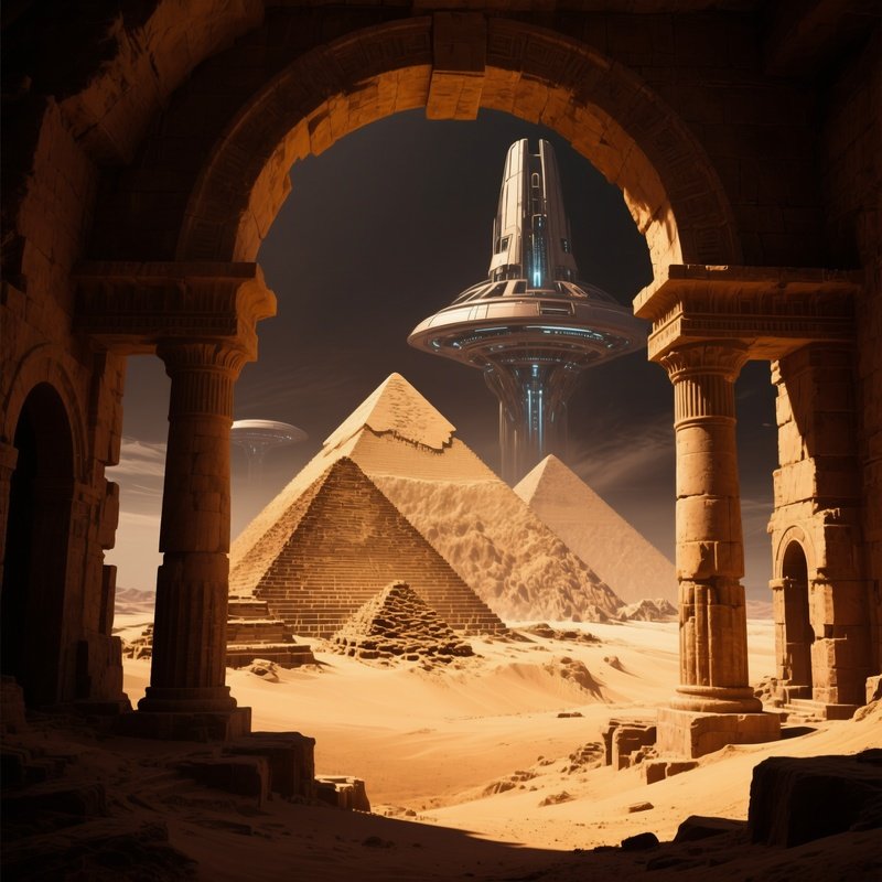 Pyramids Through Arches Of Sandstone Ruin Science Fiction