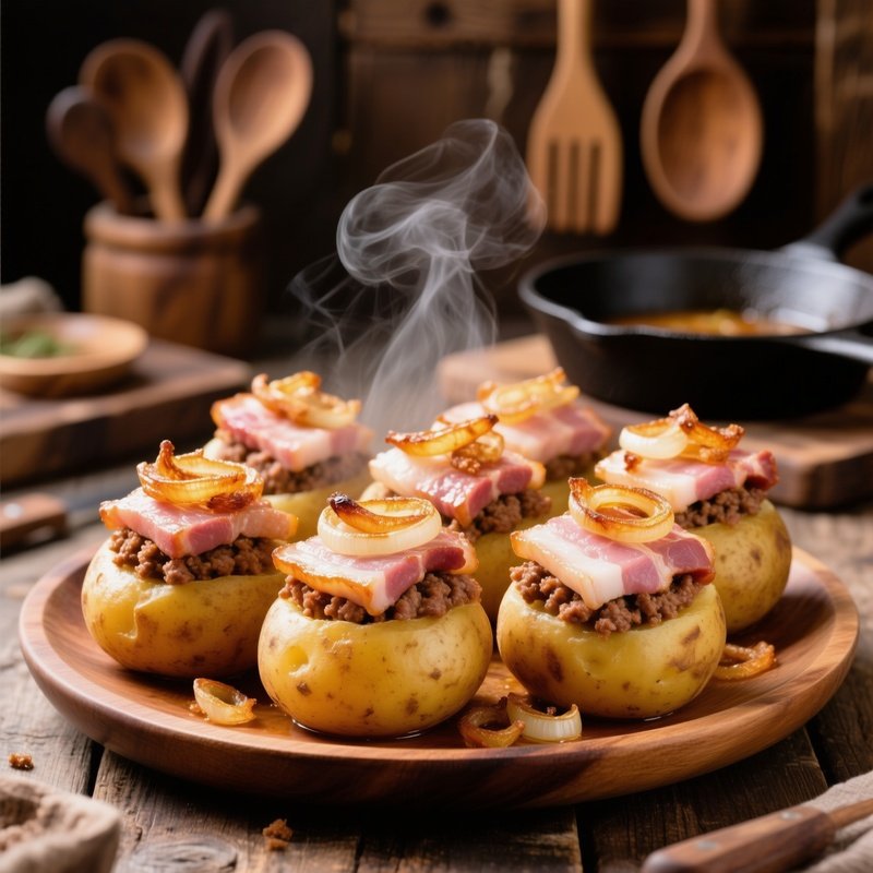 Pyzy With Meat Large Round Potato Balls Filled With Minced Meat Topped With Fried Onions And Pork Fat