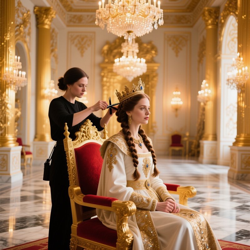 Queen Like Figure With Elaborate Braids Gets Subtle Haircut In Opulent Throne Room