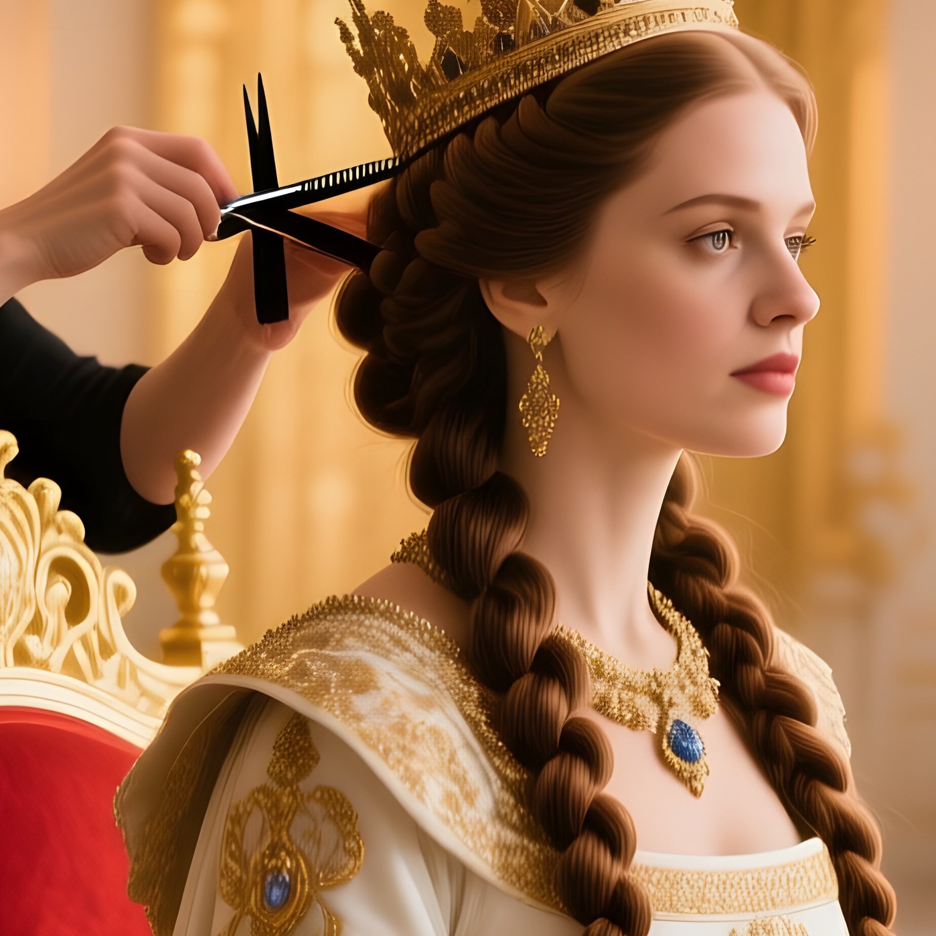 Queen Like Figure With Elaborate Braids Gets Subtle Haircut In Opulent Throne Room - Full Resolution Quality Preview