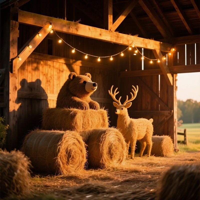 Quiet Countryside Barn Golden Hour Hay Bales Abstract Animals Fairy Lights