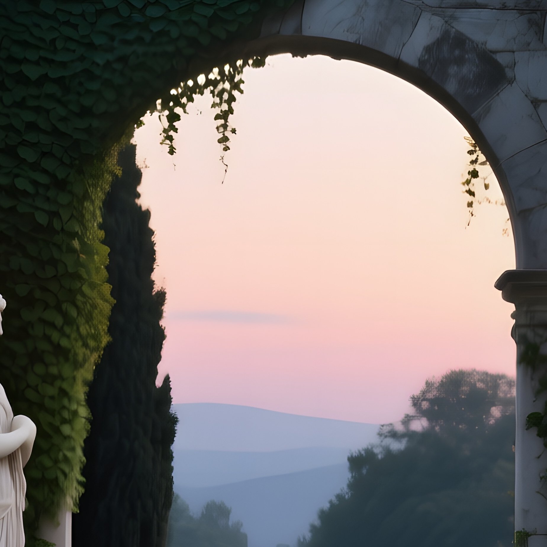 Quiet Courtyard At Dusk Stone Arches Ivy Lanterns Statues - Full Resolution Quality Preview