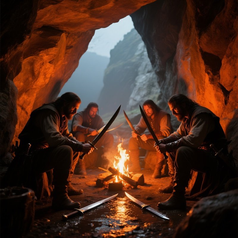 Quiet Dawn In Secluded Cave Outlaws Sharpening Weapons